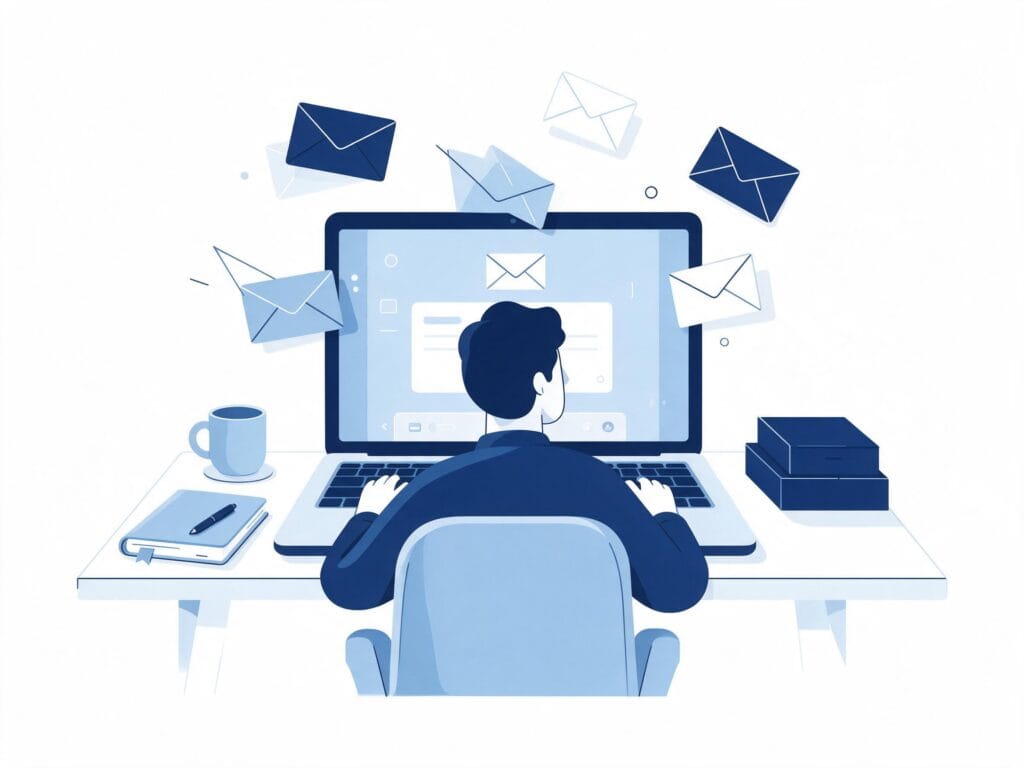 Illustration of a freelancer writing a professional email to a client on a laptop