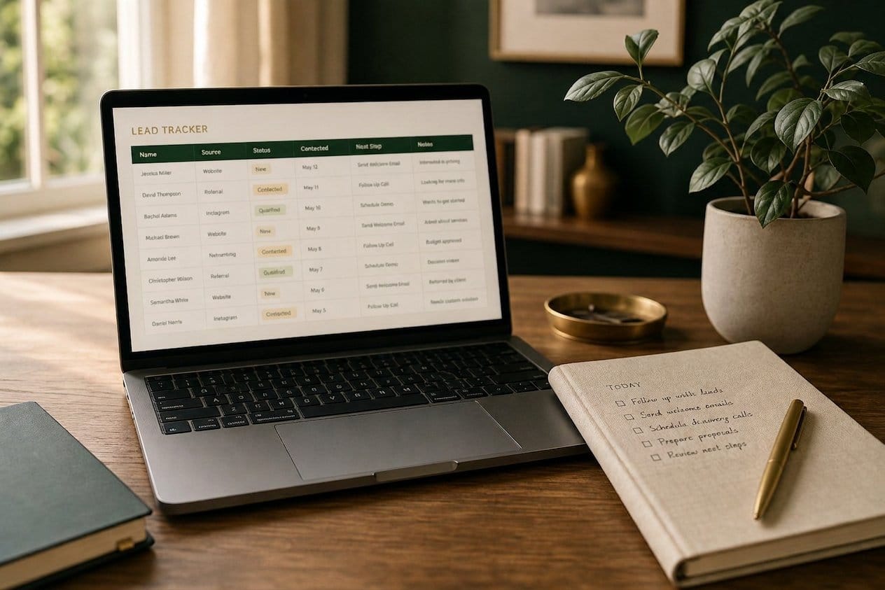 A tidy small-business workspace with a laptop showing a lead tracking spreadsheet, a checklist notebook, and a plant