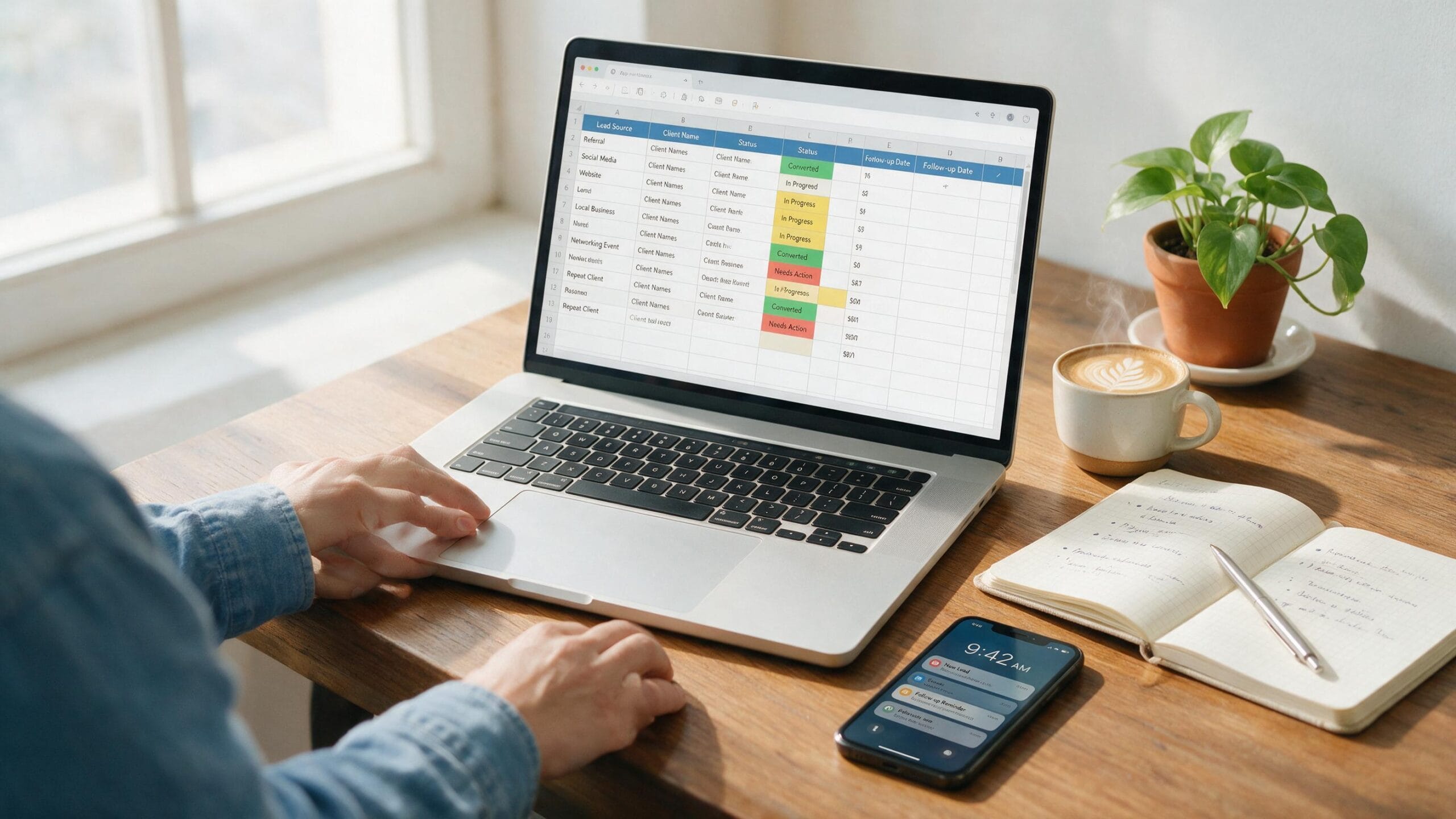Lead tracking system for small business shown on a laptop with an organized spreadsheet