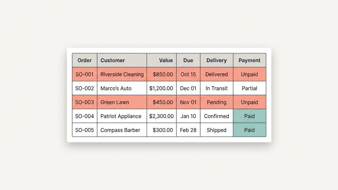 Sales order tracker Google Sheets template with overdue orders highlighted in red
