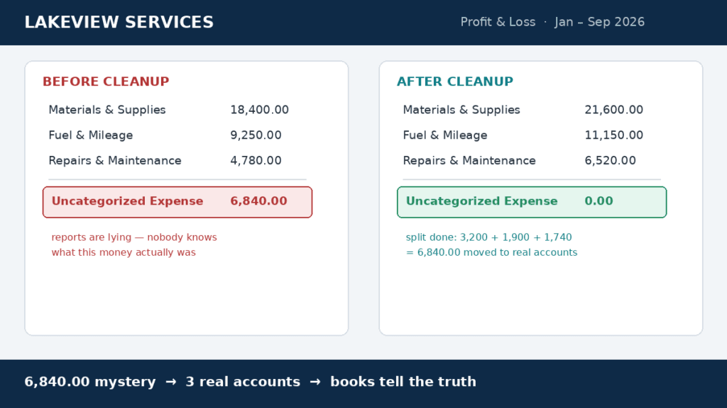 uncategorized expense example: Lakeview Bakery profit and loss showing 6,840 dollars split into software 3,200, fuel 1,900, and owner draws 1,740